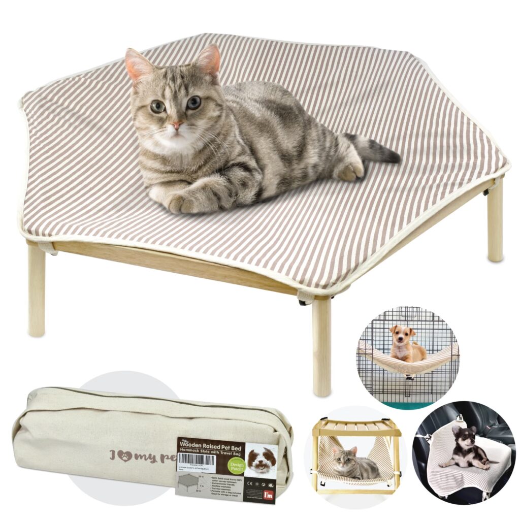 Wooden Elevated Portable Cooling Pet Bed Raised Cat Hammock Washable Cotton Canvas Furniture with Travel Bag (Brown)